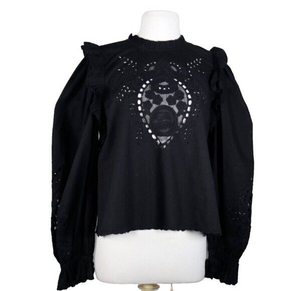 Love the Label Women's Large Black Bernice Eyelet Blouse Top Balloon Sleeve Top - Picture 4 of 10